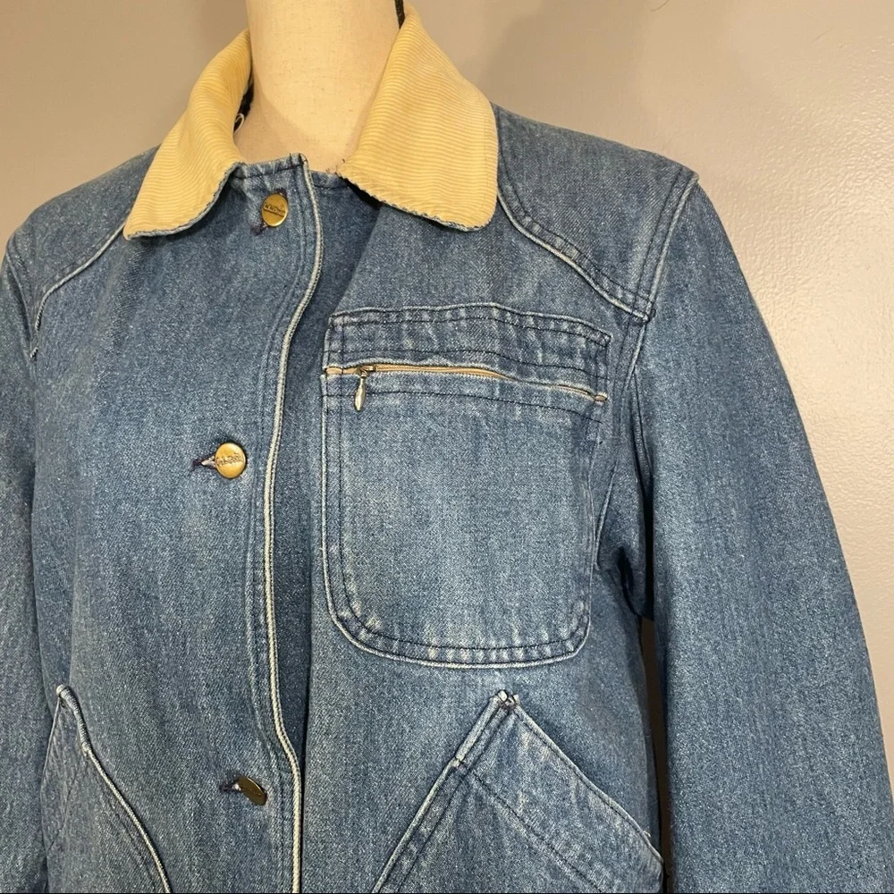Vintage L.L. Bean Red Wool Blend Lined Corduroy Trim Heavy Denim Barn Coat Sz M - Picture 3 of 16